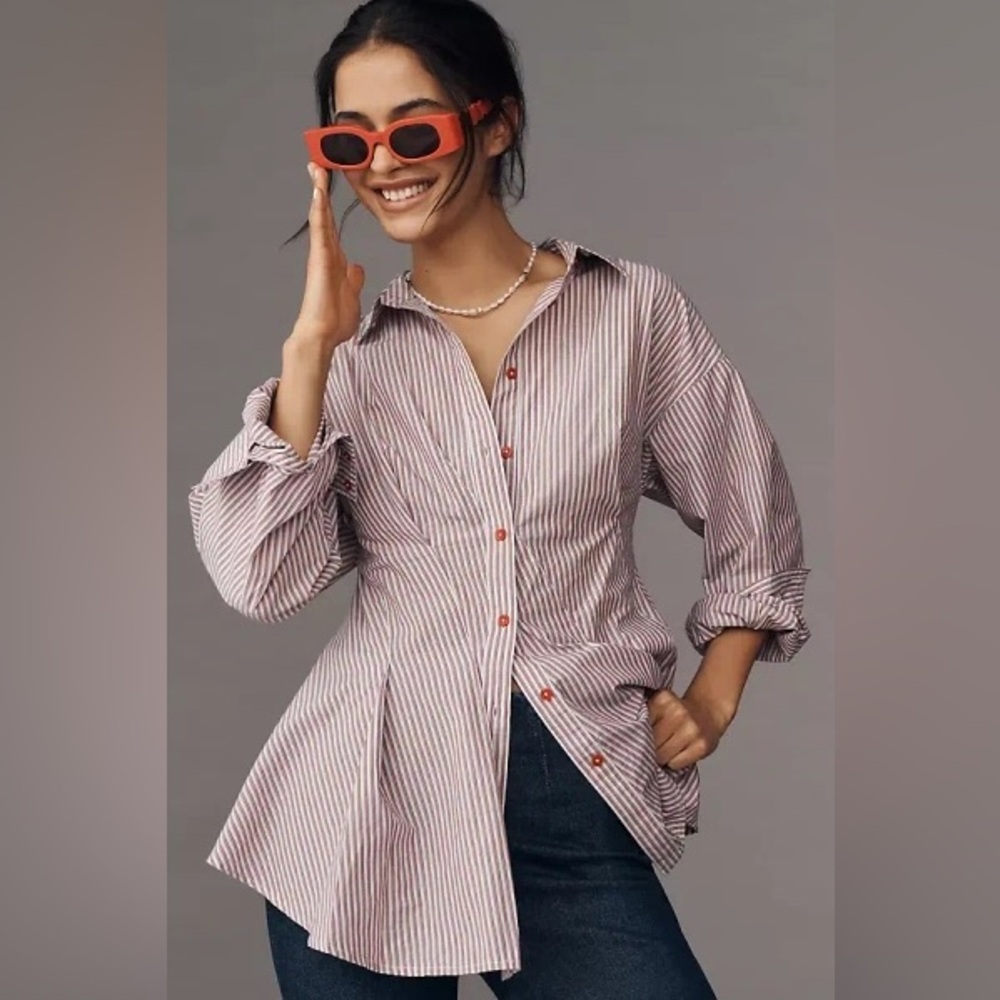 Anthropologie Red & White Pinstripe Asymmetric Button-Down Shirt